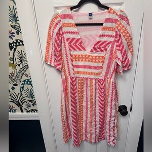Pink and Orange Geometric Flutter Sleeve V-Neck Sundress